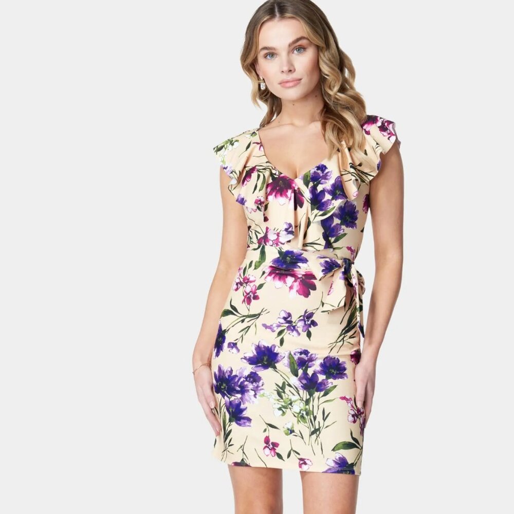 Bebe Blue and Gold Printed Ruffle Sleeve Scuba Dress
